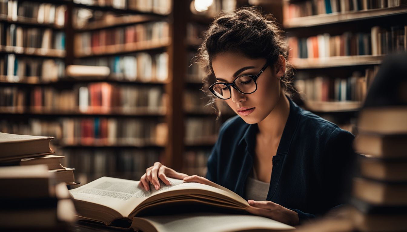 A person struggling to read in a cluttered library.