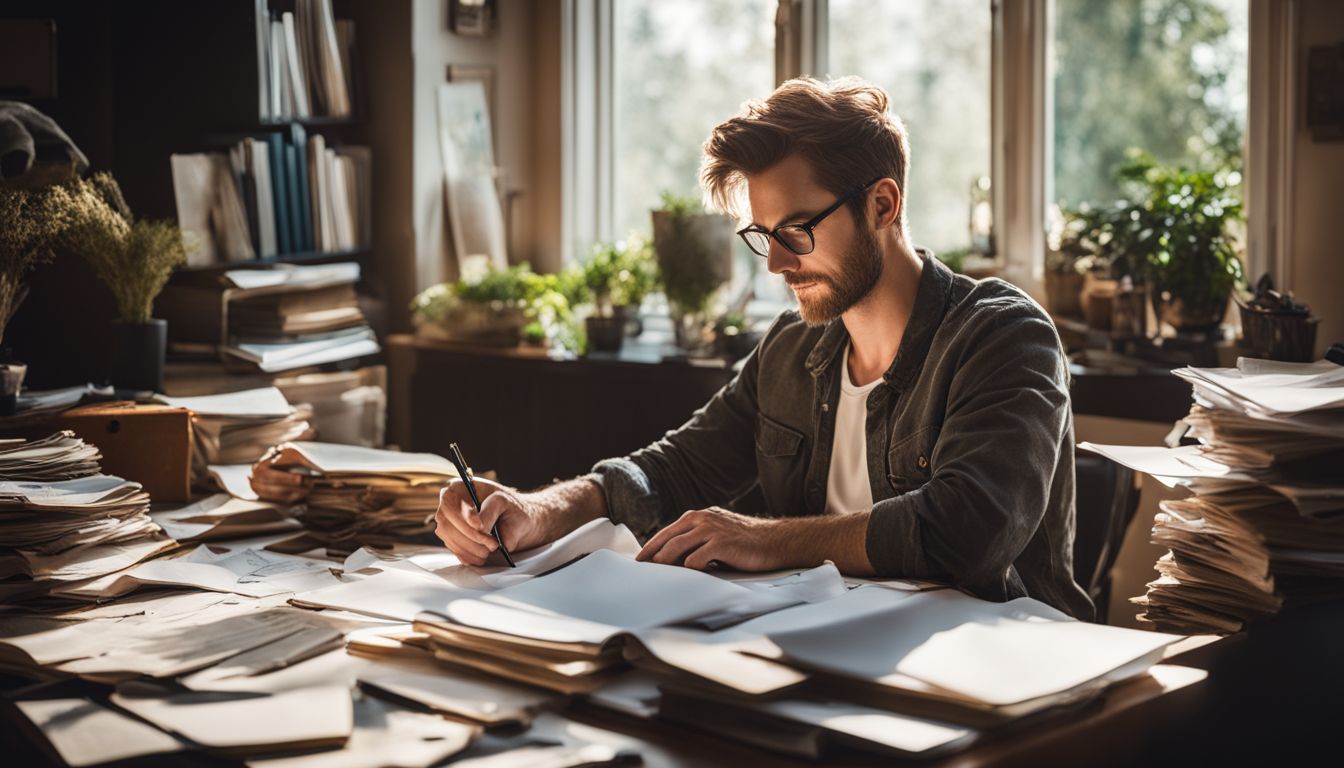 An adult with dyslexia working at a cluttered desk in a bustling atmosphere.