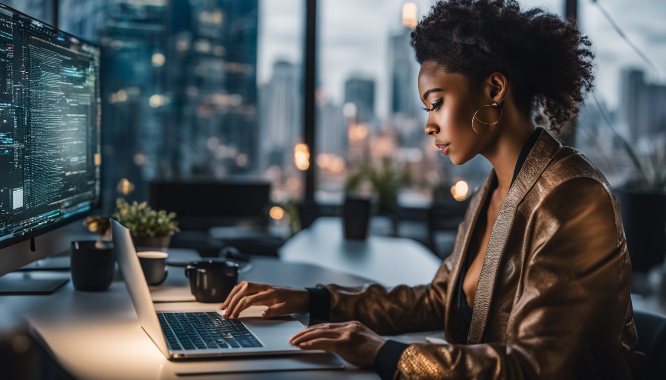 A person coding on a laptop in a modern office surrounded by technology and cityscape.