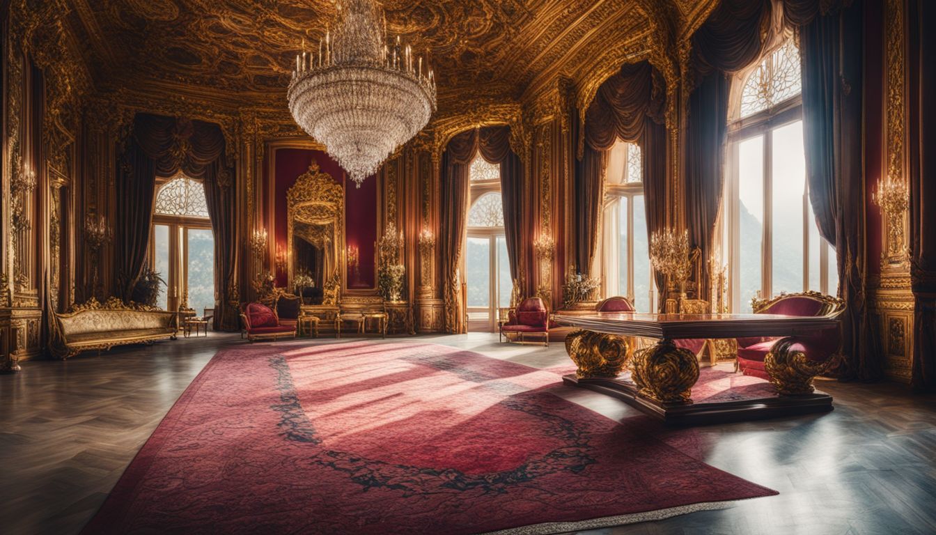 A photo of a reflection of a luxurious, empty throne room with various people.