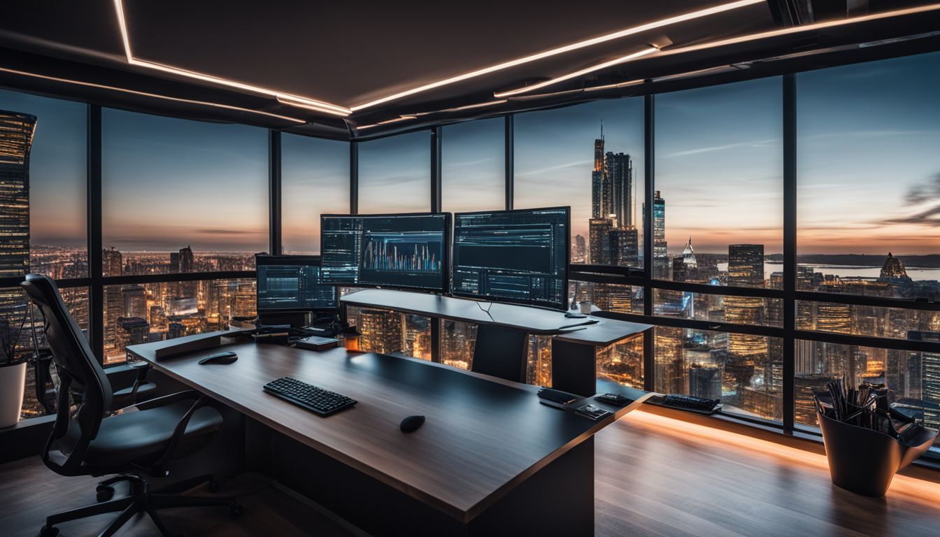 A modern workspace with a computer displaying code and cityscape photography.