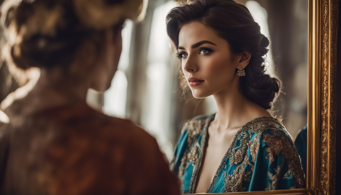 A person admiring their reflection in a vintage mirror with different styles.