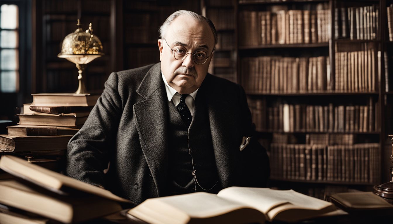 Alfred Adler deeply engrossed in studying surrounded by books in his library.