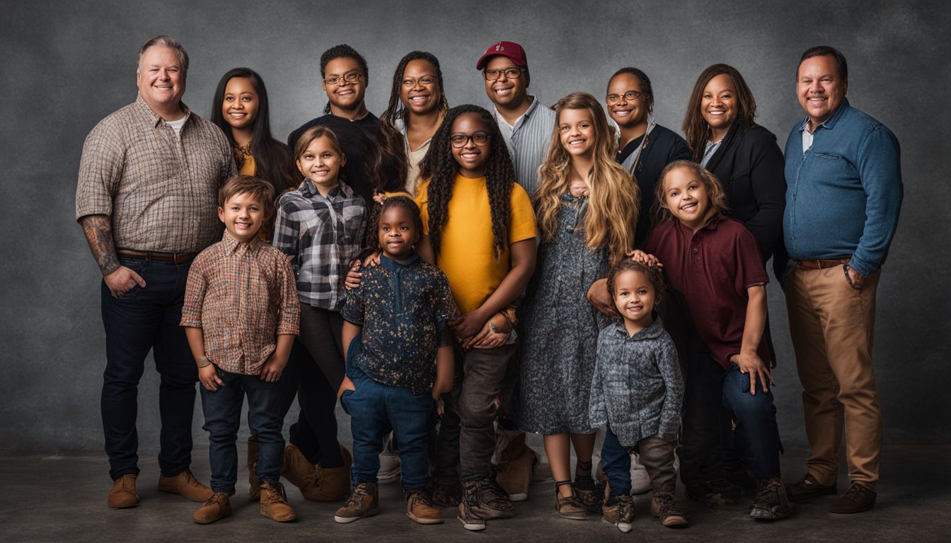 A diverse group of people with dwarfism posing together in an urban environment.