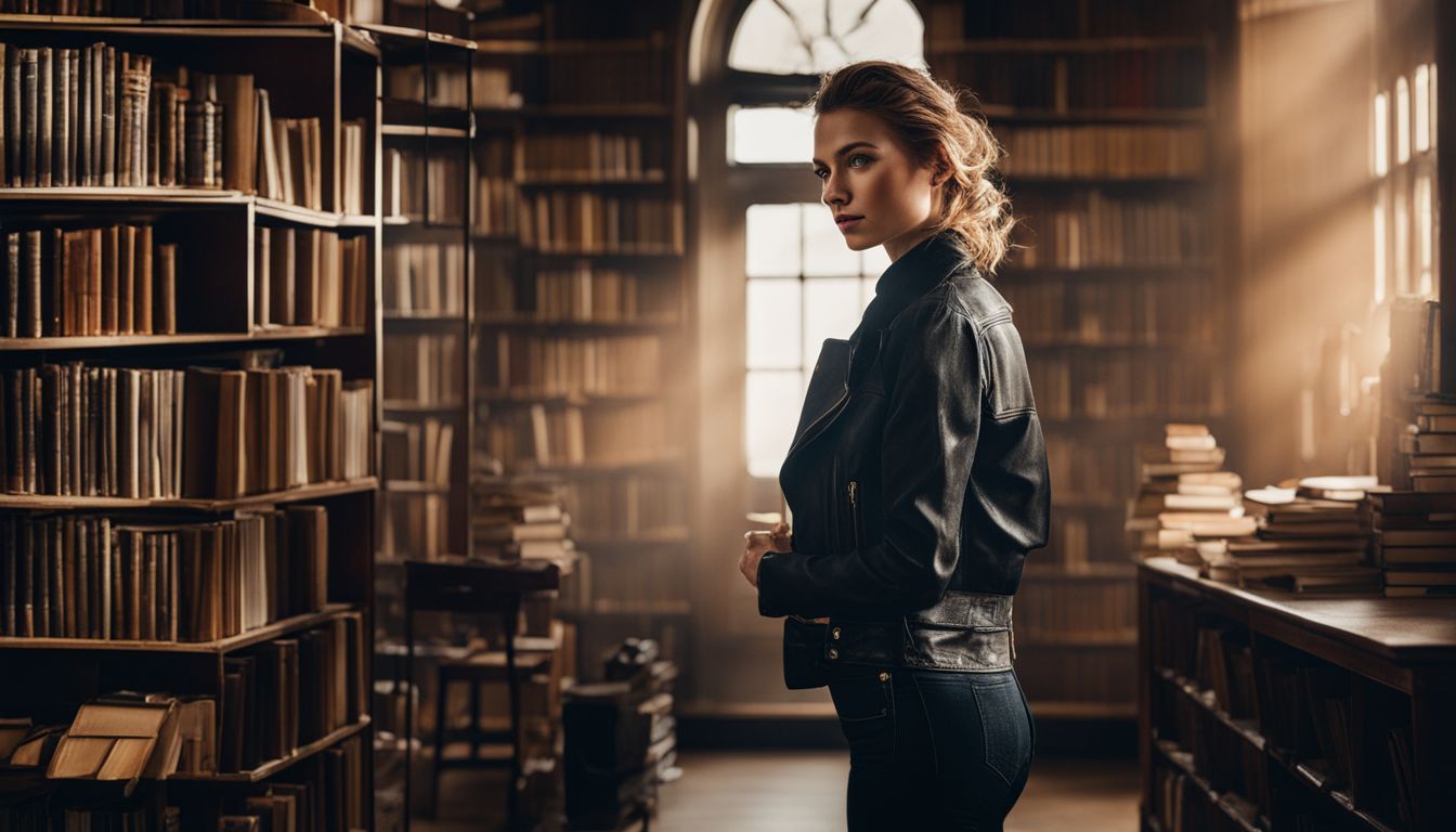 A person surrounded by books in a quiet library.