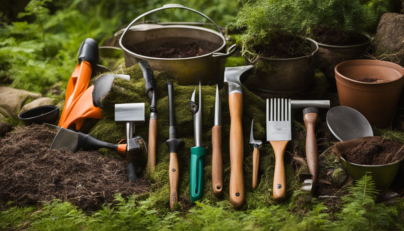 Gardening tools neatly arranged in a peaceful forest clearing.