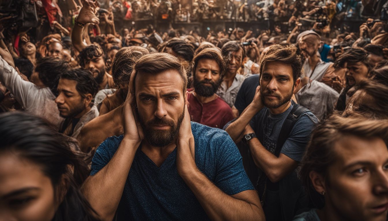 A person covers ears in a crowded room filled with triggering sounds.