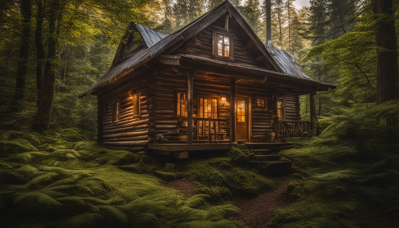 A cabin in the woods surrounded by nature, with people in different outfits.