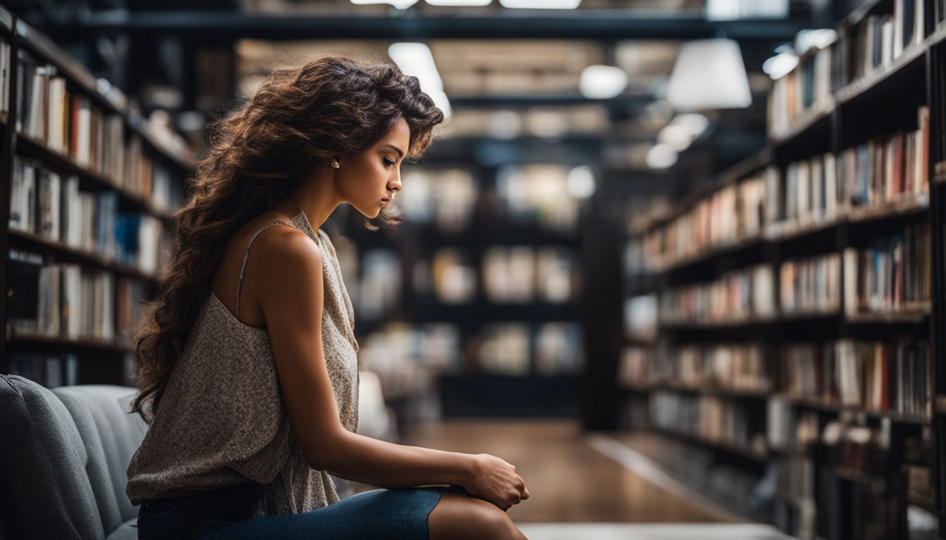 A person lost in thought in a dimly lit library surrounded by towering bookshelves.